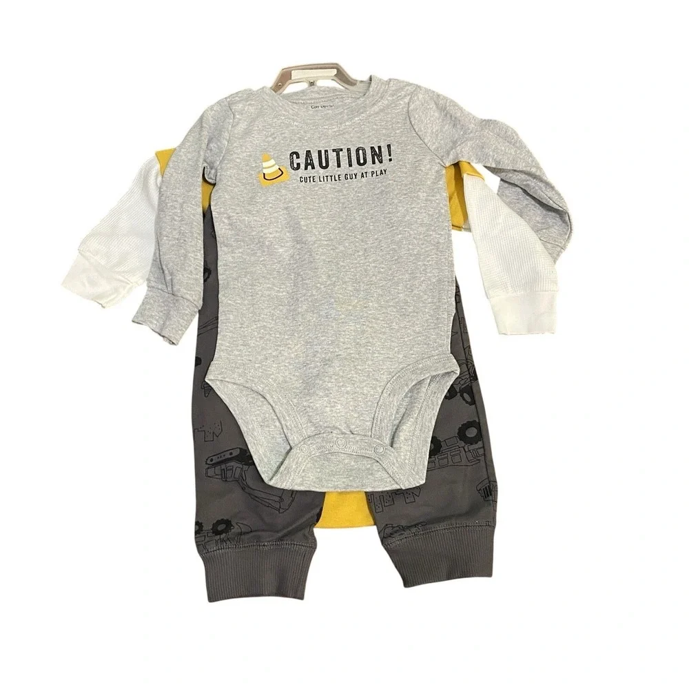 Carter's NWT 12 Month Boys 3 Piece Set Construction Yellow Cute Guy Long Sleeve - Picture 2 of 2